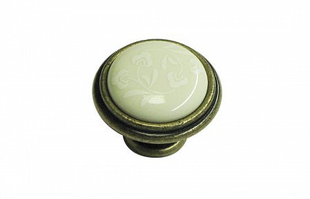 Ручка-кнопка  Giusti, античная бронза, крем. фарфор, бесцв. цветы